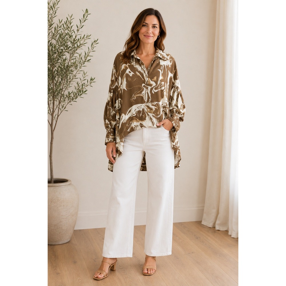 PATRIZIA LUCA Abstract Marble Balloon Sleeve High Low Tunic Olive Sz L XL